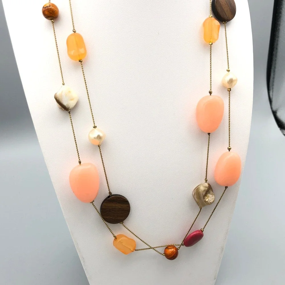 Long Beaded Station Necklace 48 in Multicolor Pearl Wood Glass Acrylic Gold Tone